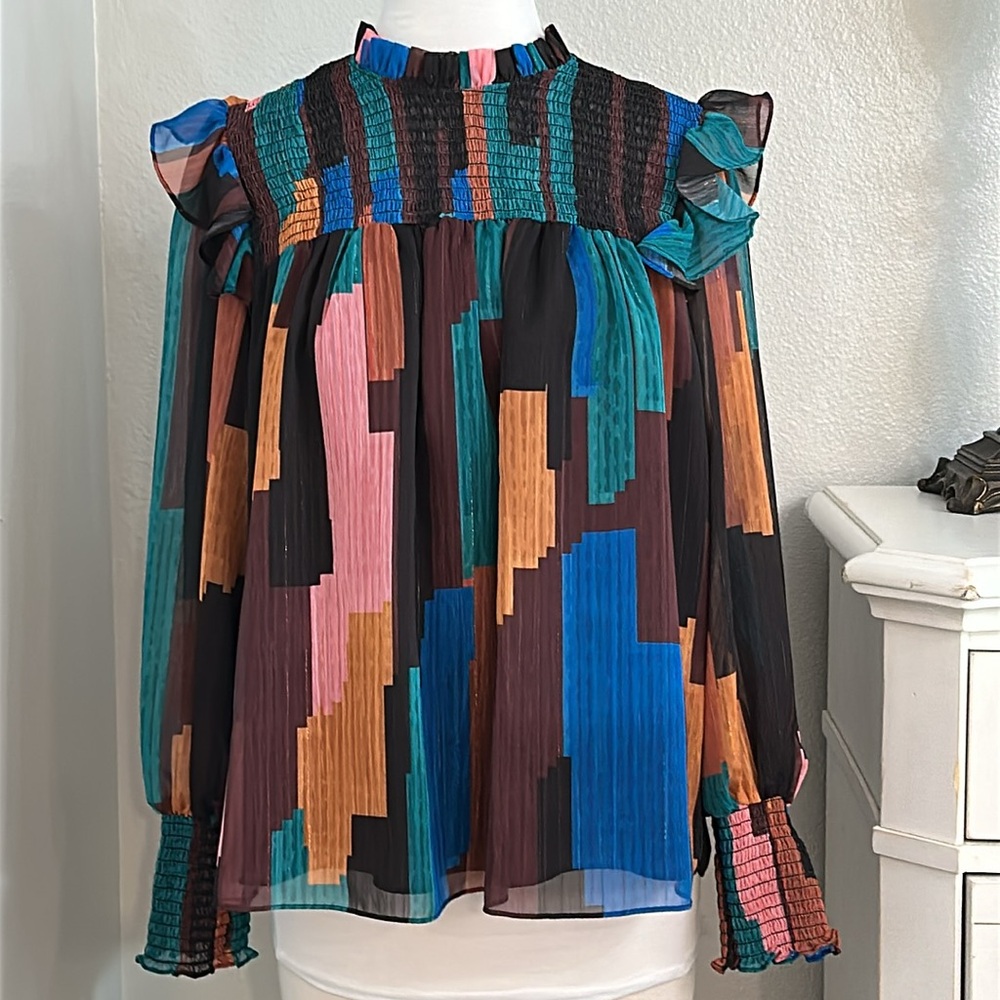 Willa‎ Story Cates Top Stripe Abstract Smocked Long Sleeve Blouse Green Brown M